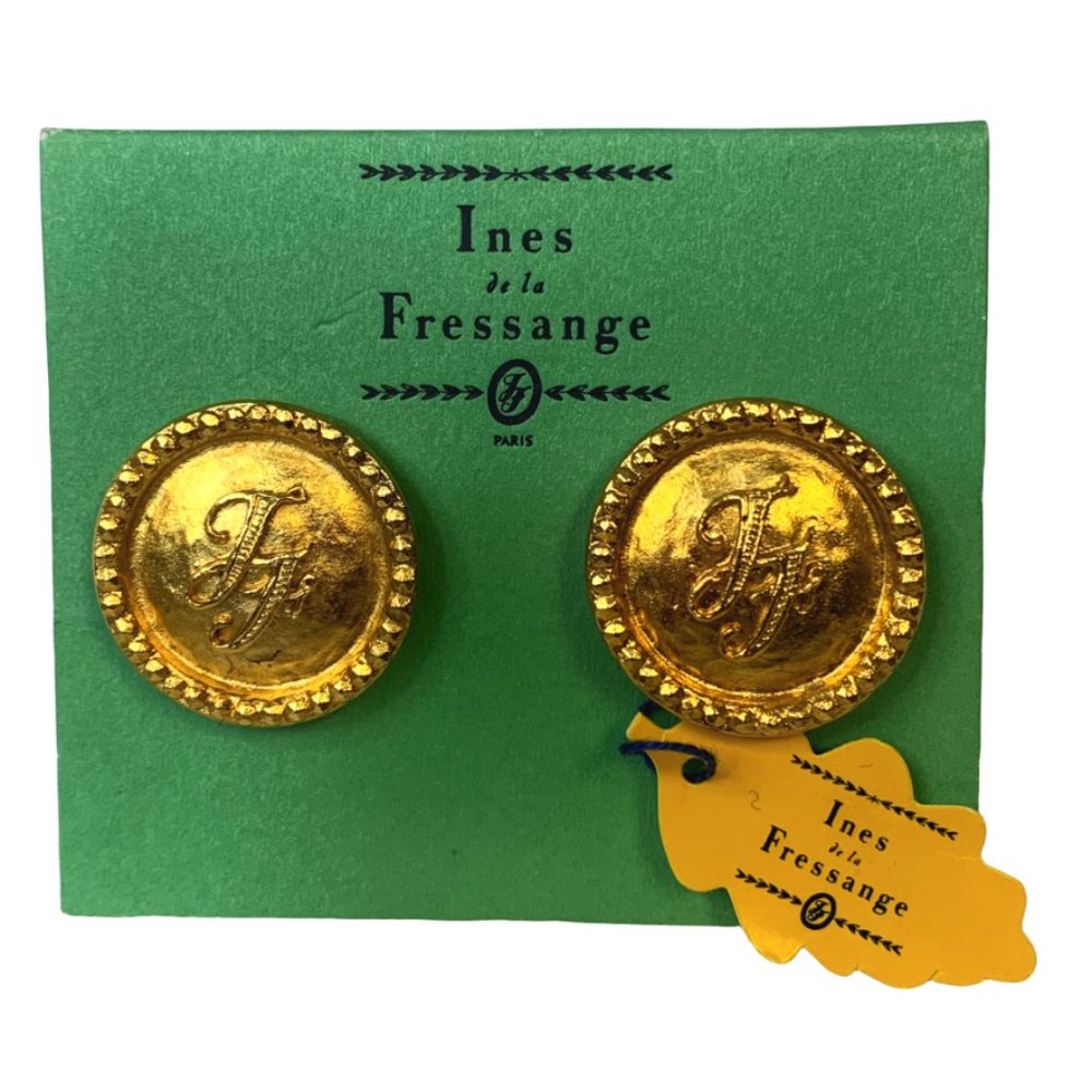 Ines de la Fressange Gold Embossed IF Logo Round Earrings